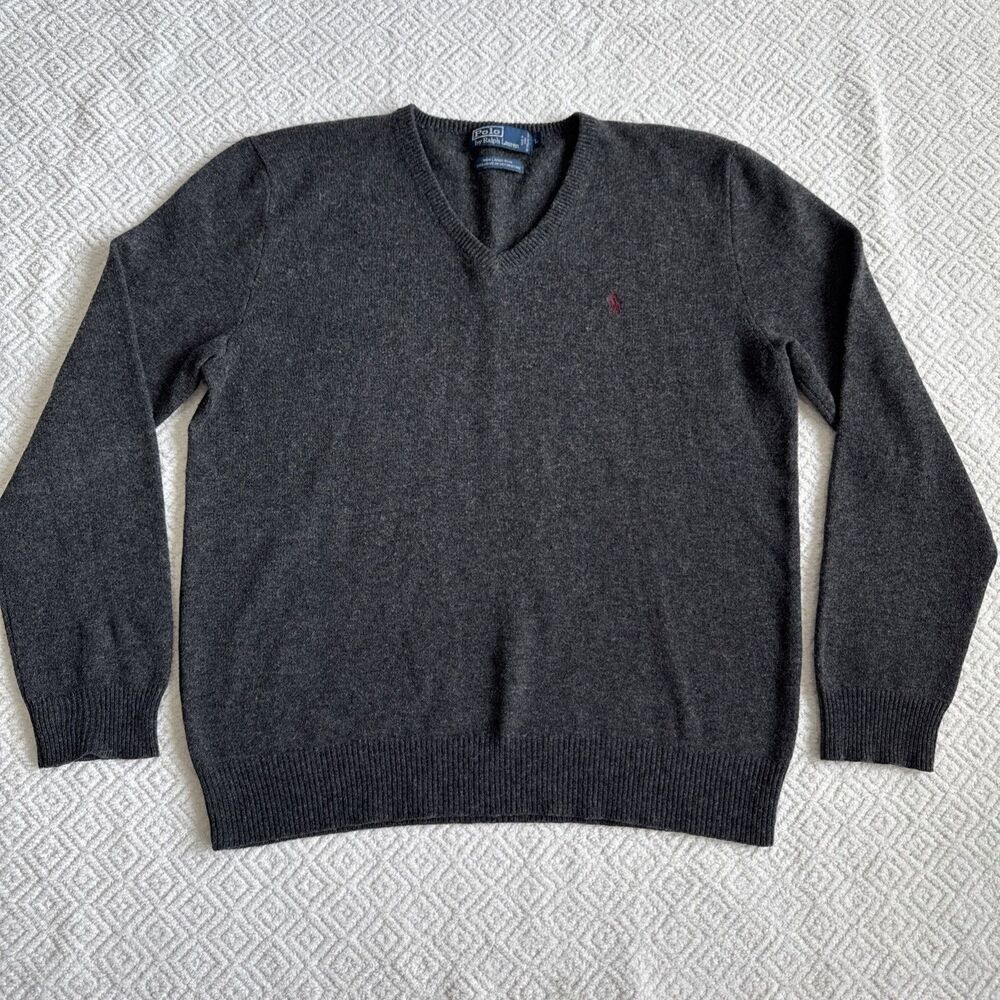 Polo Ralph Lauren Sweater Mens L Gray Lambs Wool V Neck Knit Pullover Preppy